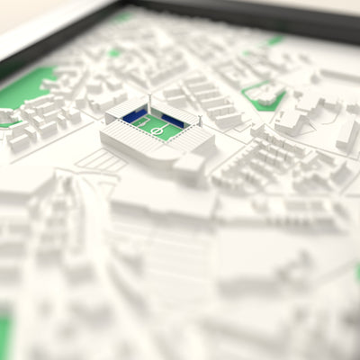 3D St Andrew's Map Framed - Close-up across the 3D map: the real St Andrew's stands with royal blue seats around the green pitch