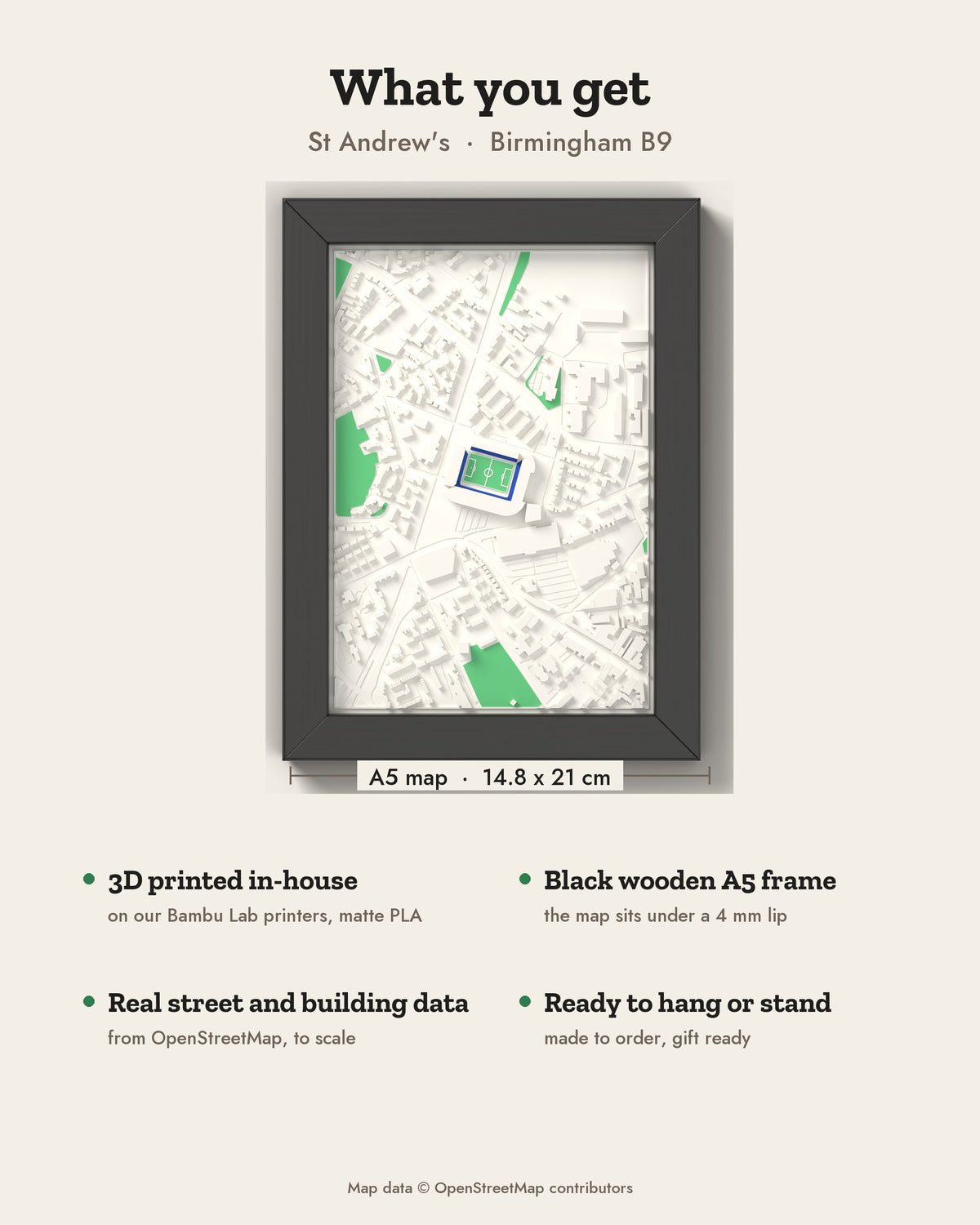 3D St Andrew's Map Framed - What you get: A5 3D stadium map, 14.8 x 21 cm, in a black wooden frame