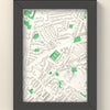 3D St James Park Exeter Map Framed - 3D printed St James Park Exeter map in a black wooden A5 frame, lit from the side