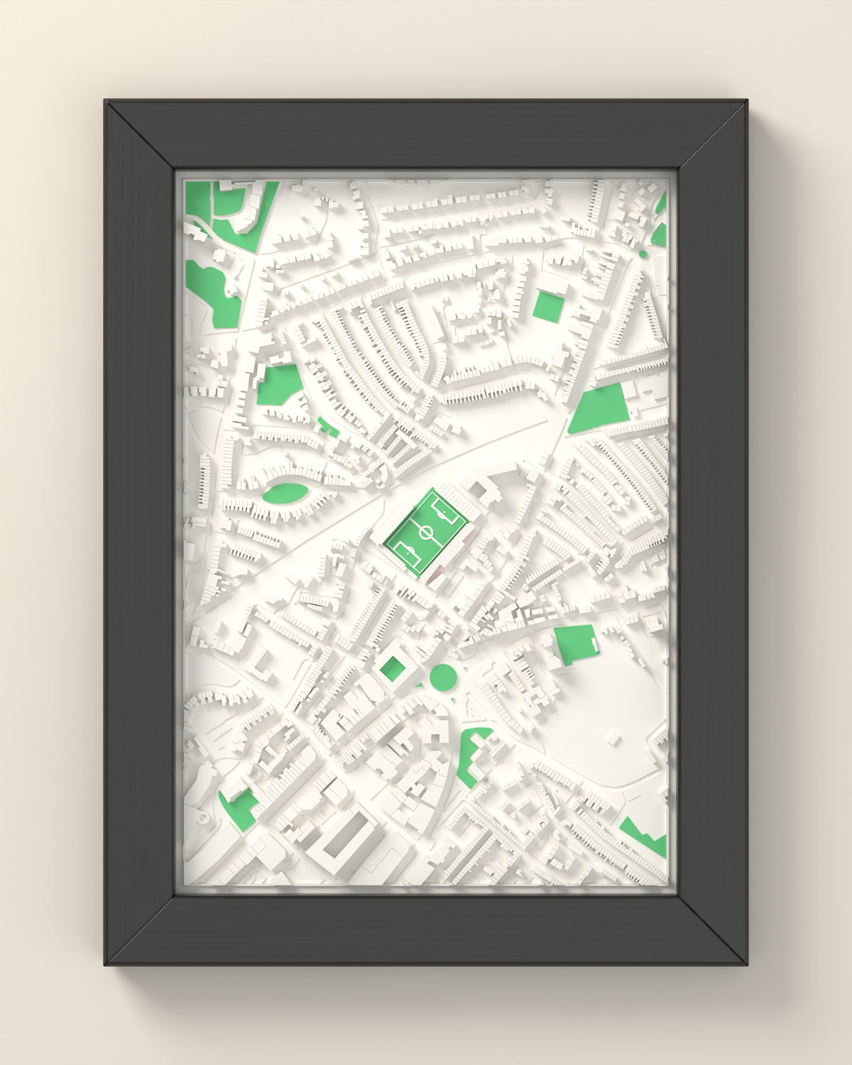 3D St James Park Exeter Map Framed - 3D printed St James Park Exeter map in a black wooden A5 frame, lit from the side