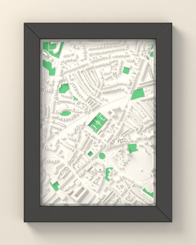 3D St James Park Exeter Map Framed - 3D printed St James Park Exeter map in a black wooden A5 frame, lit from the side