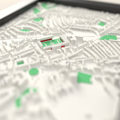 3D St James Park Exeter Map Framed - Close-up across the 3D map showing the St James Park Exeter stands and green pitch standing up from the streets