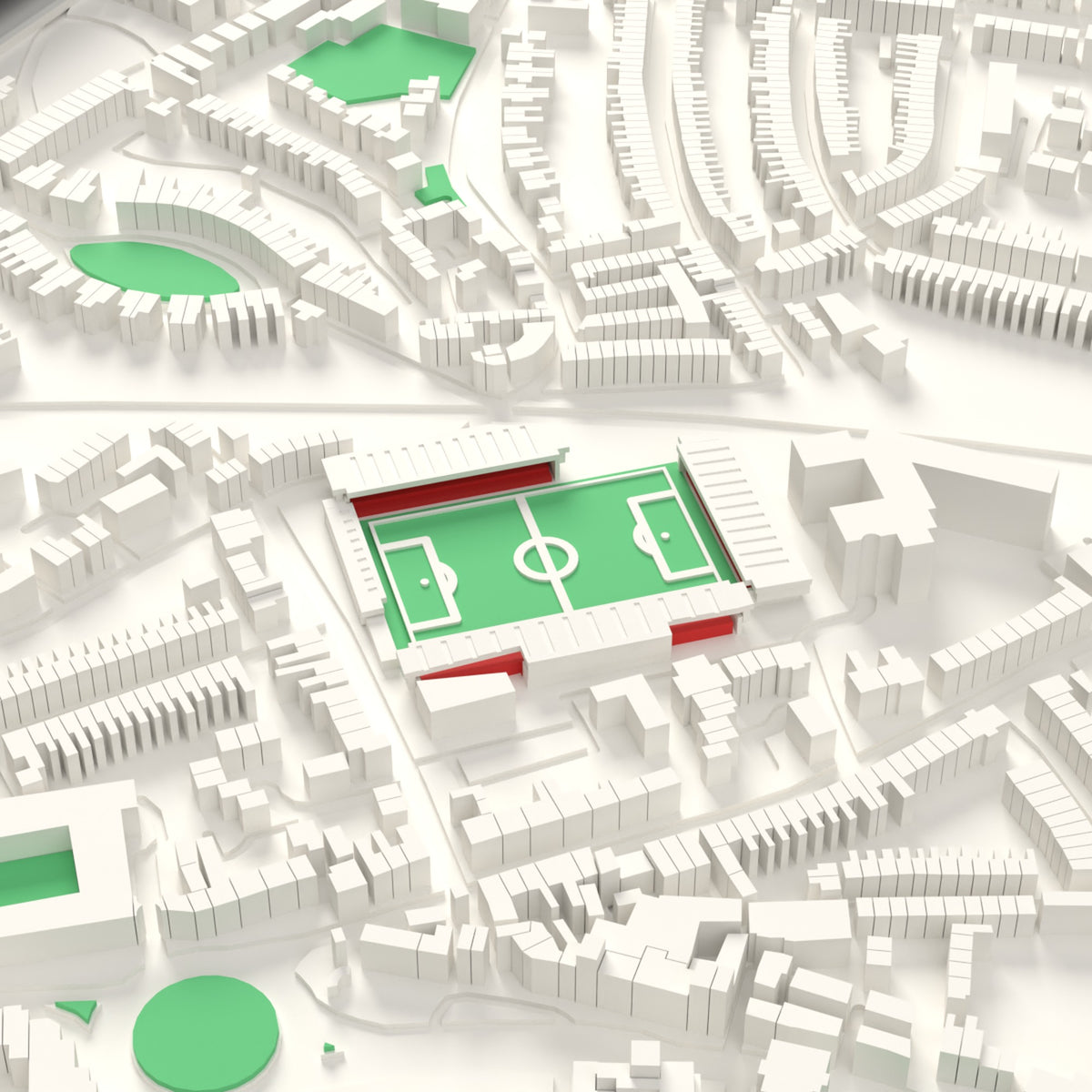 3D St James Park Exeter Map Framed - St James Park Exeter on the 3D printed map, seen from above the corner of the ground
