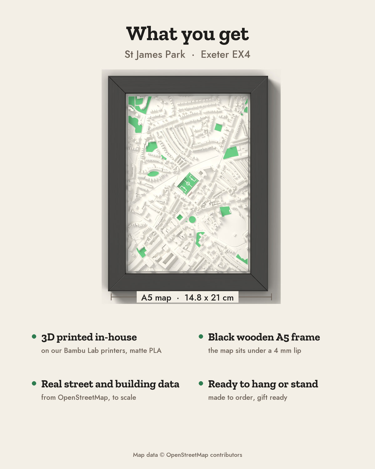 3D St James Park Exeter Map Framed - What you get: A5 3D stadium map, 14.8 x 21 cm, in a black wooden frame