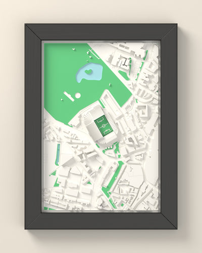 3D St James' Park Map Framed - 3D printed St James' Park map in a black wooden A5 frame, lit from the side