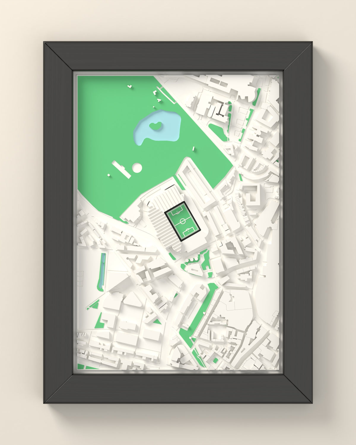 3D St James' Park Map Framed - 3D printed St James' Park map in a black wooden A5 frame, lit from the side