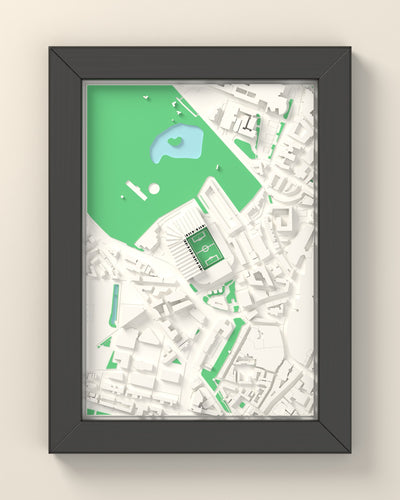 3D St James' Park Map Framed - 3D printed St James' Park map in a black wooden A5 frame, lit from the side