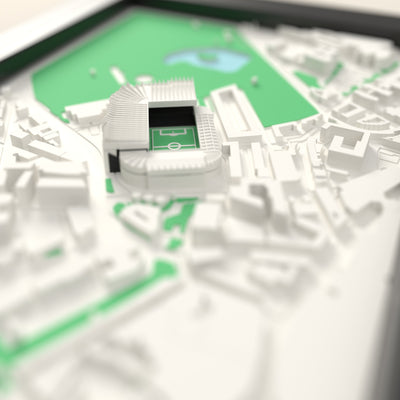 3D St James' Park Map Framed - Close-up across the 3D map showing the St James' Park stands and green pitch standing up from the streets