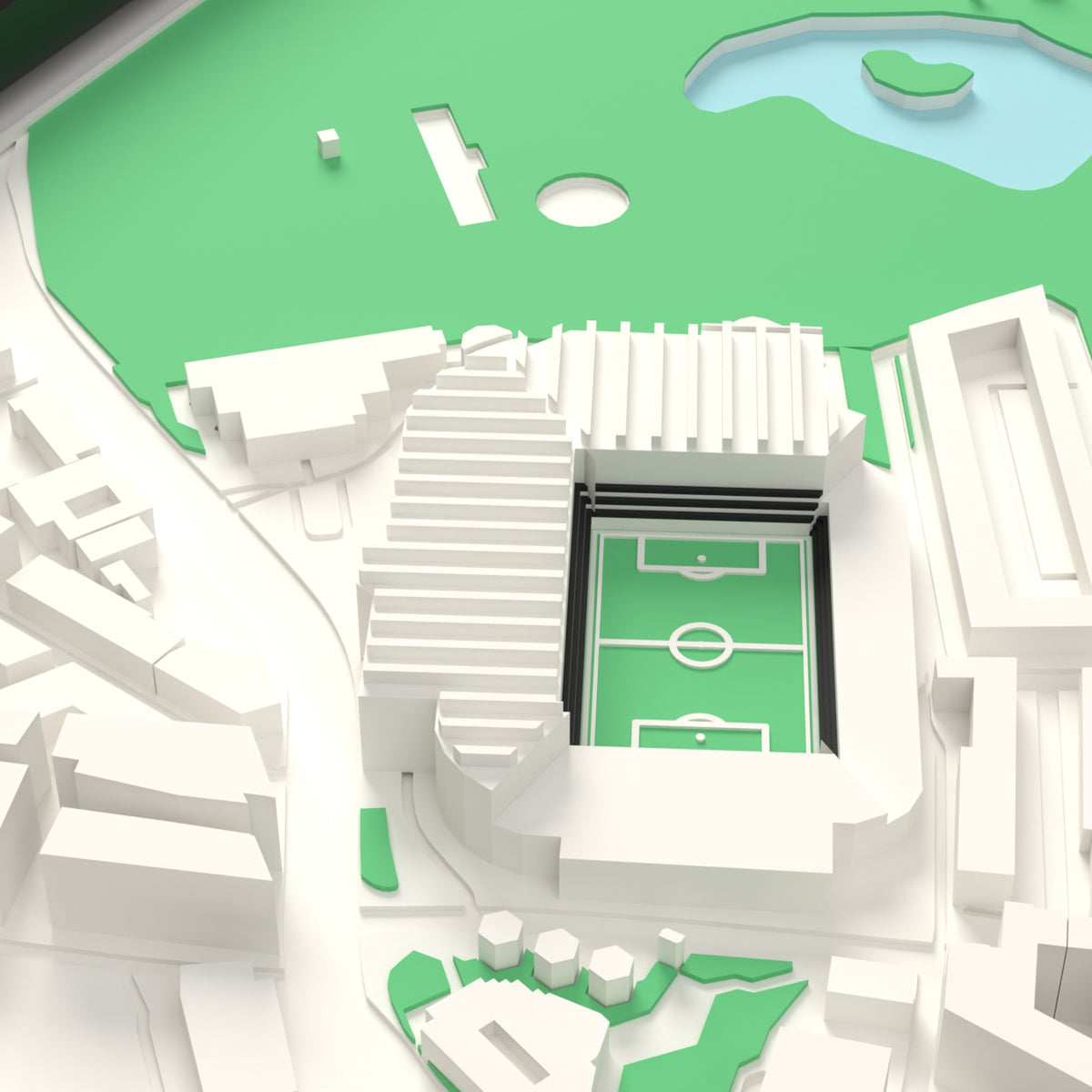 3D St James' Park Map Framed - Detail of the 3D printed St James' Park: every stand modelled from the real ground, seats in black