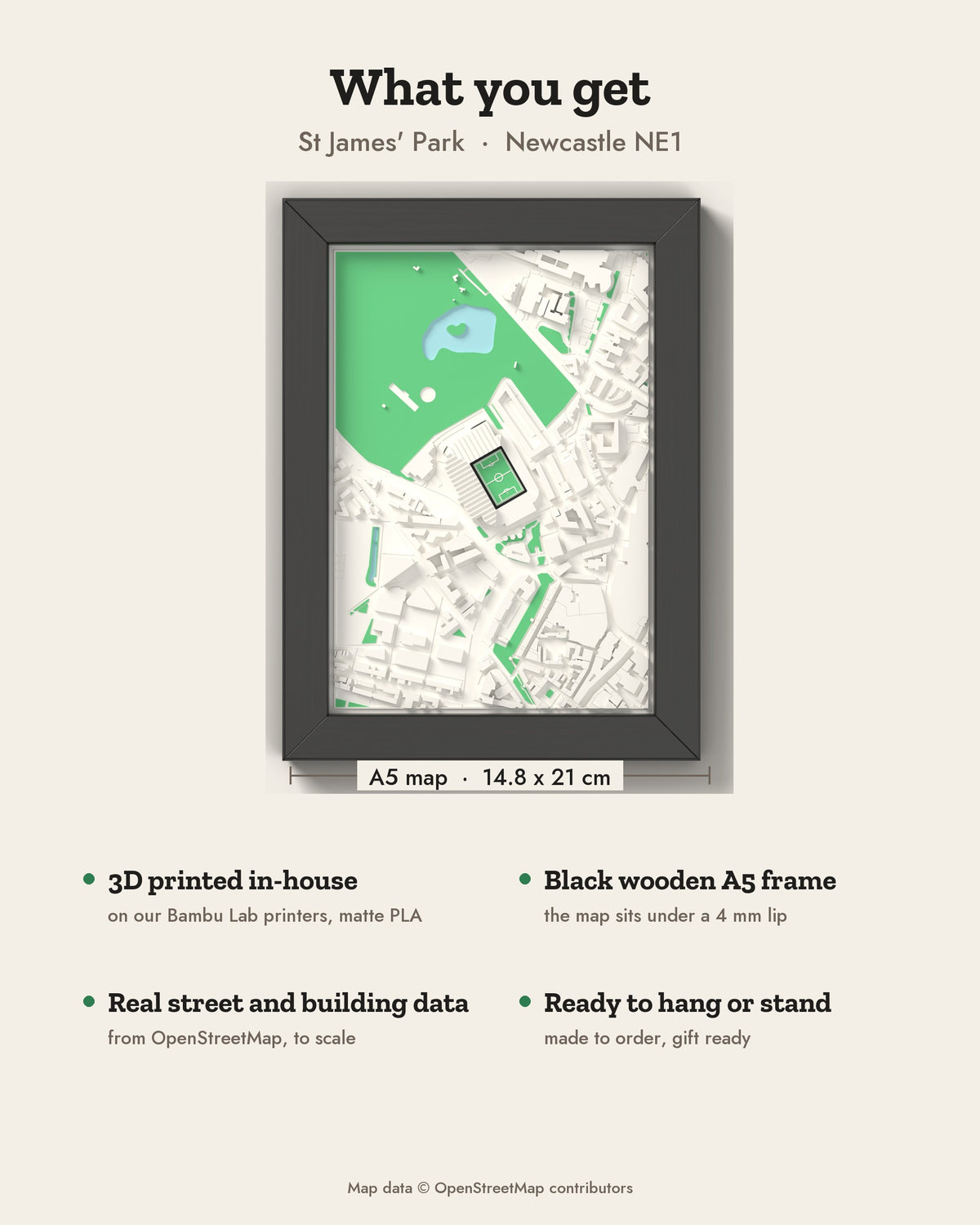 3D St James' Park Map Framed - What you get: A5 3D stadium map, 14.8 x 21 cm, in a black wooden frame