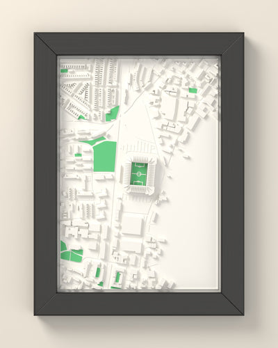3D St Mary's Stadium Map Framed - 3D printed St Mary's Stadium map in a black wooden A5 frame, lit from the side