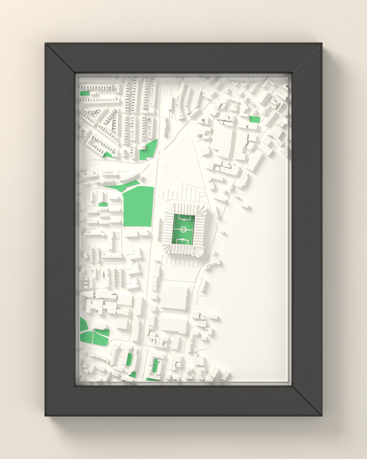 3D St Mary's Stadium Map Framed - 3D printed St Mary's Stadium map in a black wooden A5 frame, lit from the side
