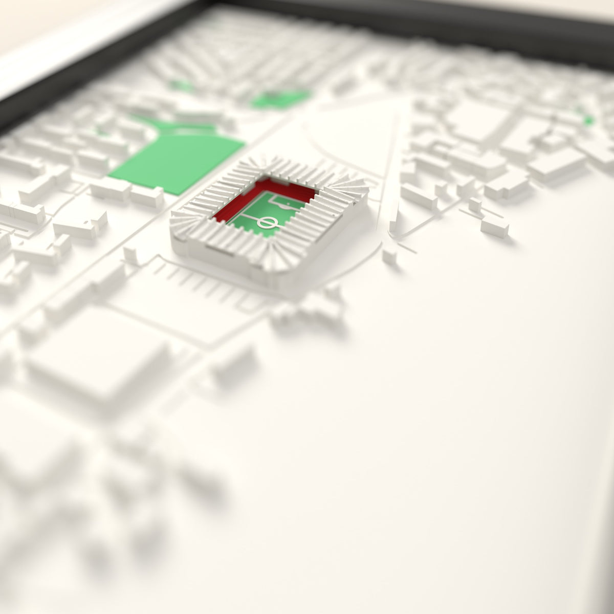 3D St Mary's Stadium Map Framed - Close-up across the 3D map showing the St Mary's Stadium stands and green pitch standing up from the streets