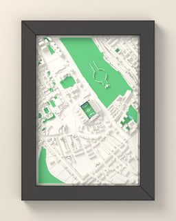 3D Stamford Bridge Map Framed - 3D printed Stamford Bridge map in a black wooden A5 frame, lit from the side