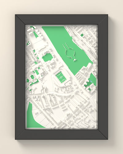 3D Stamford Bridge Map Framed - 3D printed Stamford Bridge map in a black wooden A5 frame, lit from the side