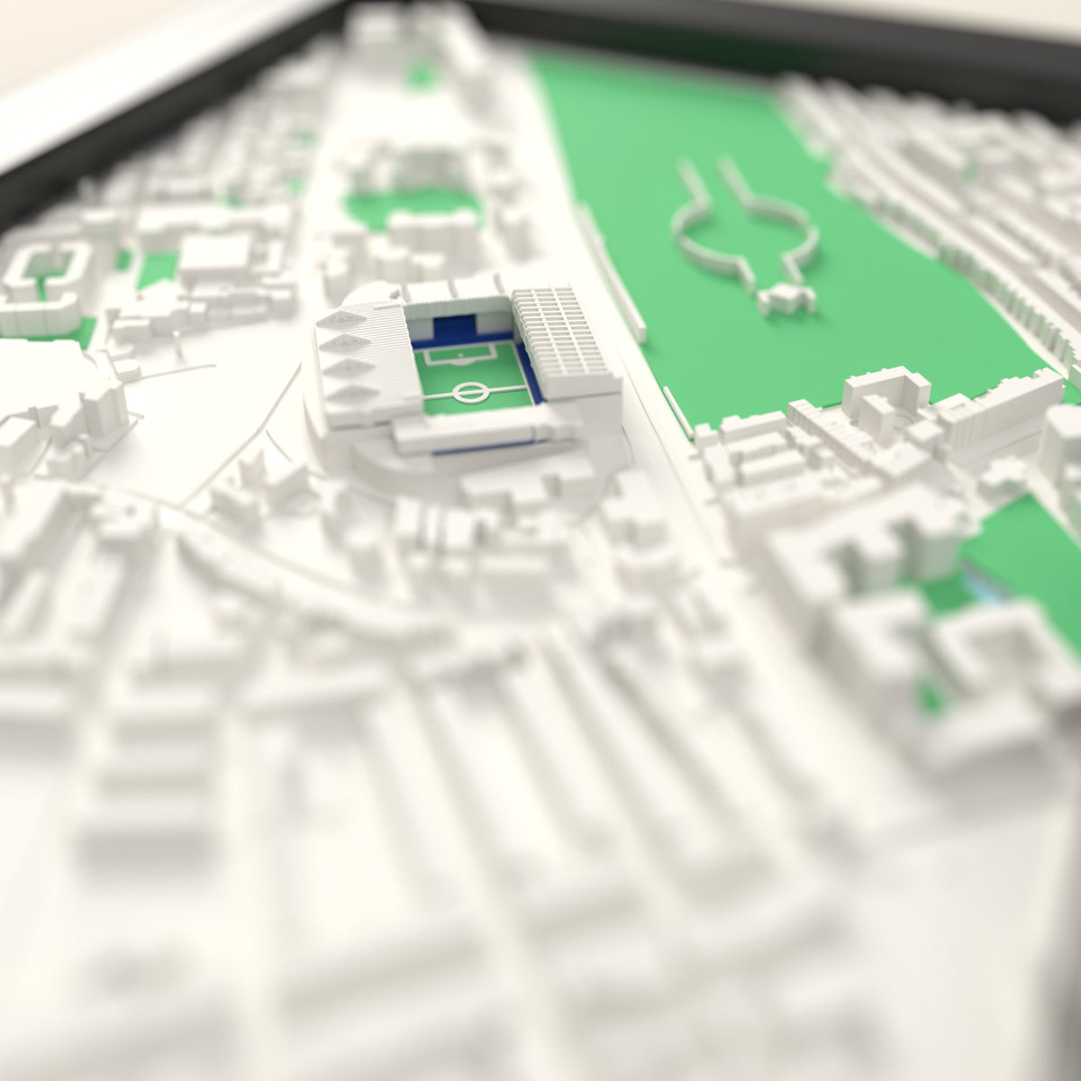 3D Stamford Bridge Map Framed - Close-up across the 3D map: the real Stamford Bridge stands with royal blue seats around the green pitch