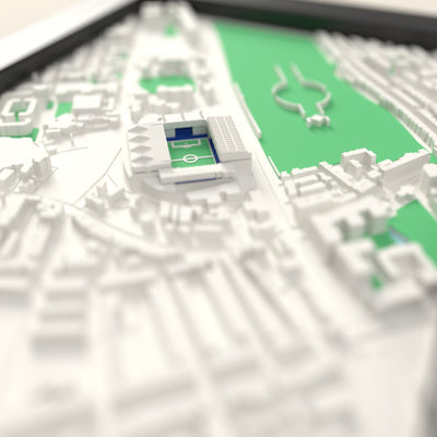 3D Stamford Bridge Map Framed - Close-up across the 3D map: the real Stamford Bridge stands with royal blue seats around the green pitch