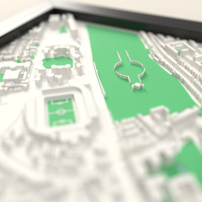 3D Stamford Bridge Map Framed - Close-up across the 3D map showing the Stamford Bridge stands and green pitch standing up from the streets