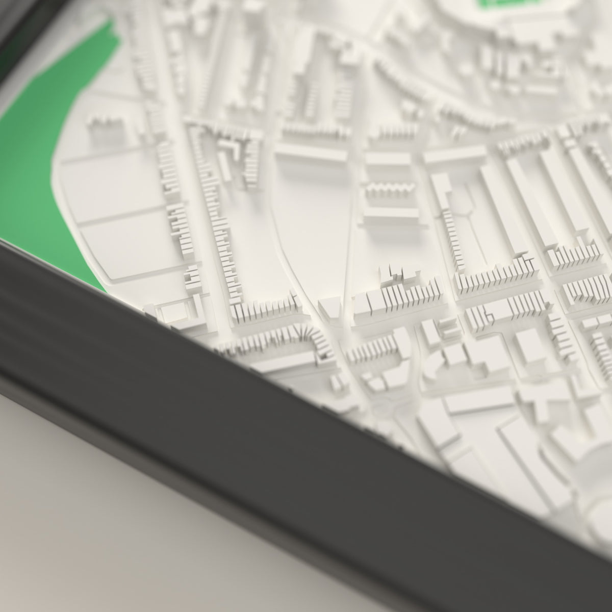 3D Stamford Bridge Map Framed - Close-up of the raised streets and buildings around Stamford Bridge on the 3D printed map