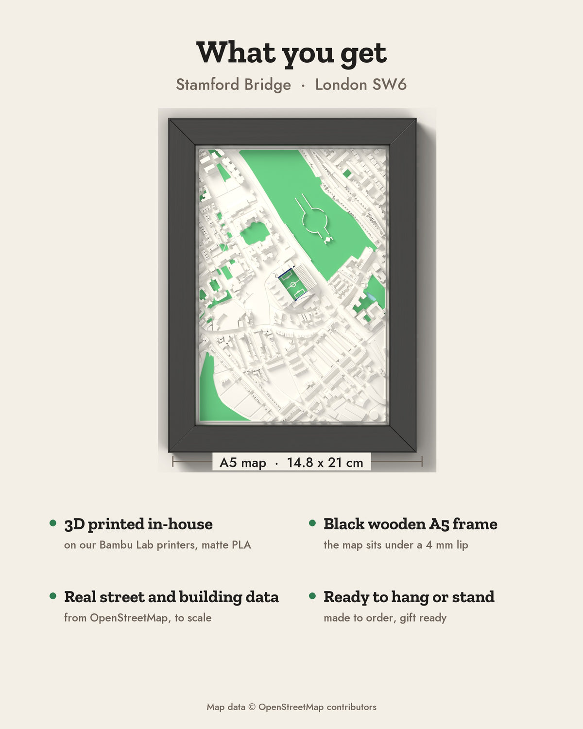 3D Stamford Bridge Map Framed - What you get: A5 3D stadium map, 14.8 x 21 cm, in a black wooden frame