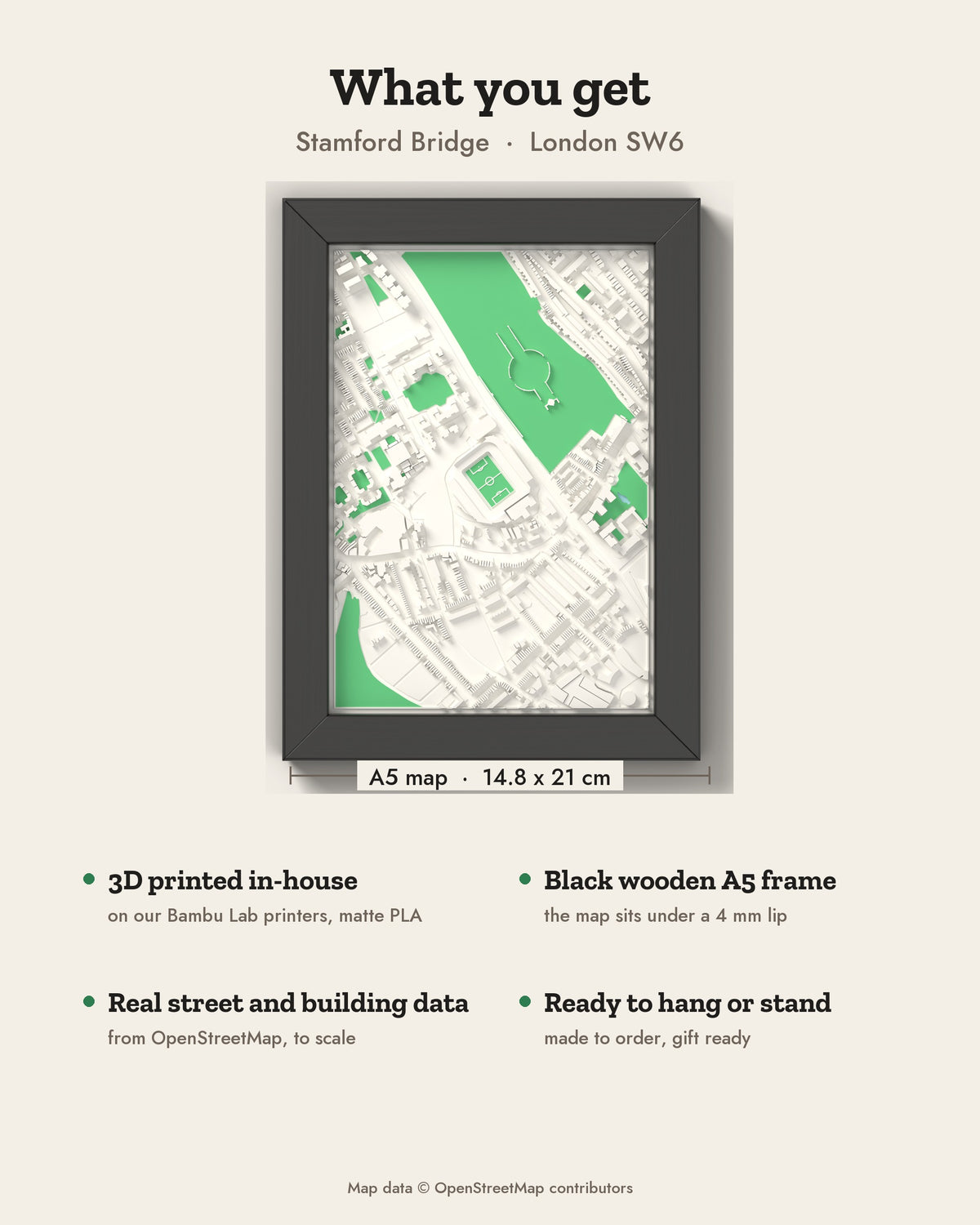 3D Stamford Bridge Map Framed - What you get: A5 3D stadium map, 14.8 x 21 cm, in a black wooden frame