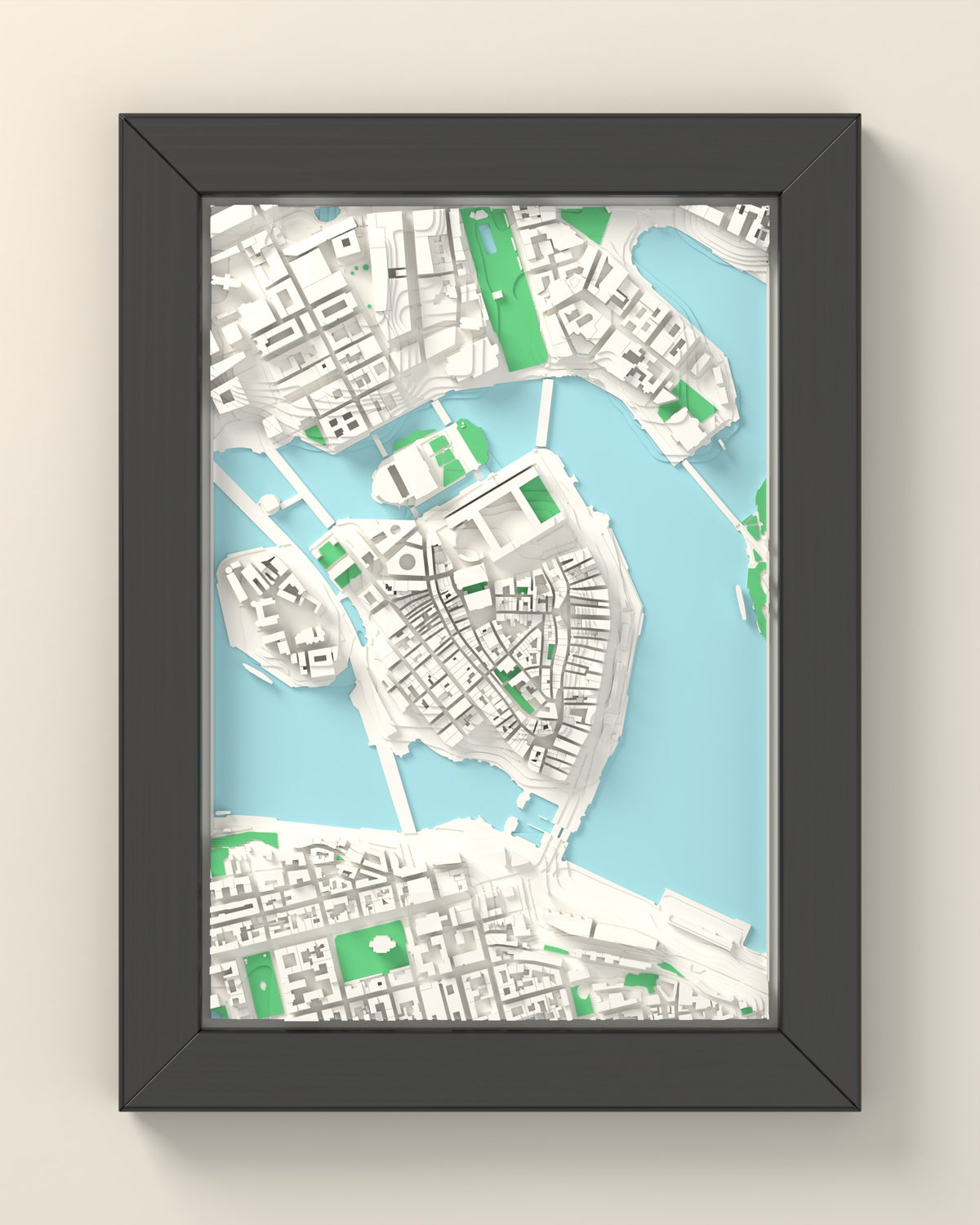 3D Stockholm Map Framed - 3D printed Stockholm map in a black wooden A5 frame, lit from the side