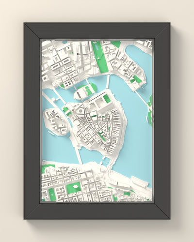 3D Stockholm Map Framed - 3D printed Stockholm map in a black wooden A5 frame, lit from the side