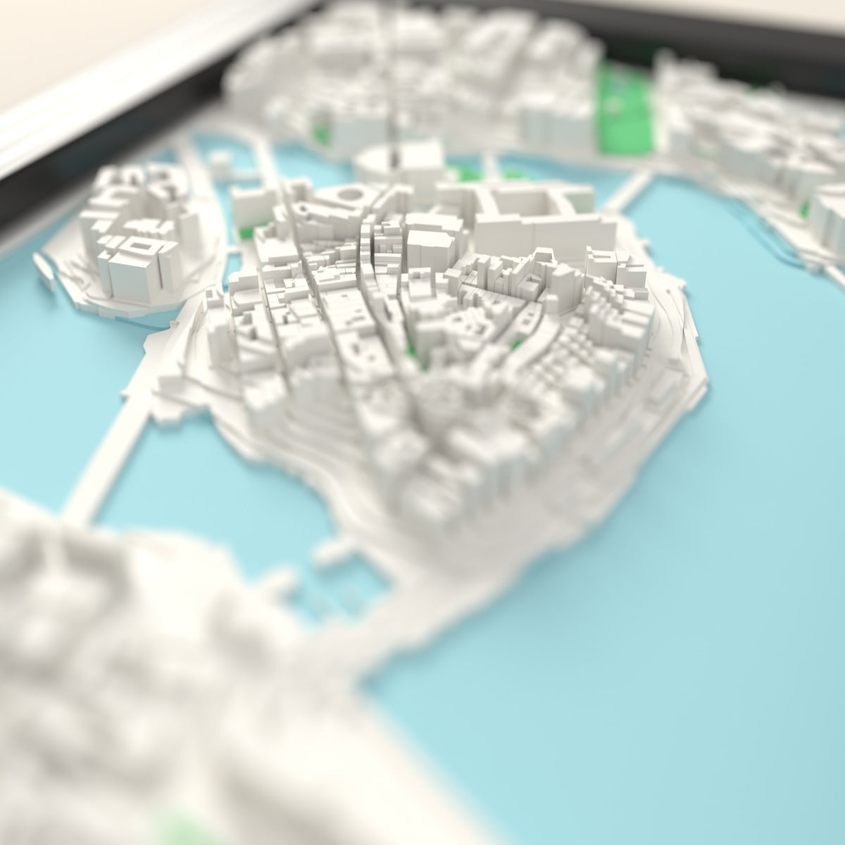 3D Stockholm Map Framed - Close-up across the 3D Stockholm map showing the raised streets and buildings
