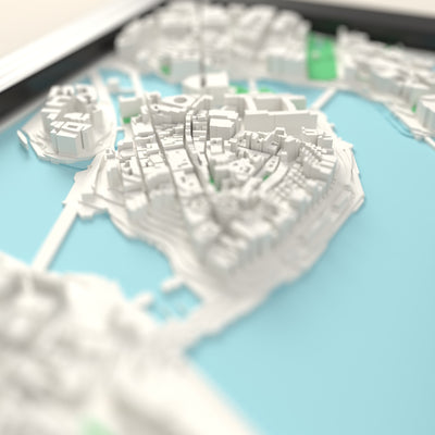 3D Stockholm Map Framed - Close-up across the 3D Stockholm map showing the raised streets and buildings