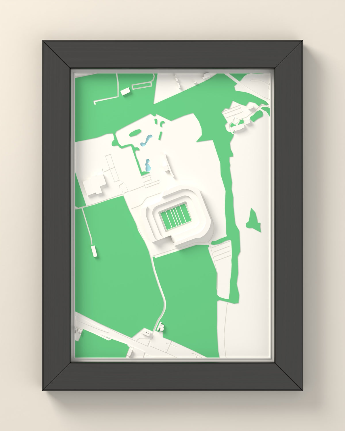 3D StoneX Stadium Map Framed - 3D printed StoneX Stadium map in a black wooden A5 frame, lit from the side