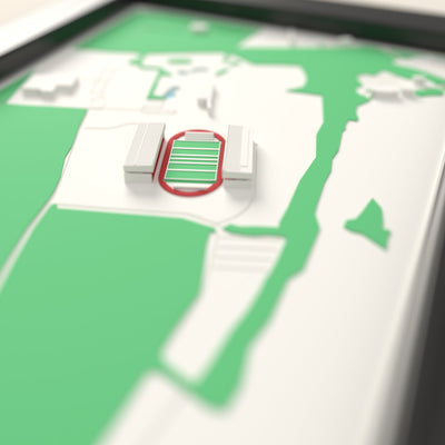 3D StoneX Stadium Map Framed - Close-up across the 3D map: the real StoneX Stadium stands with red seats around the green pitch