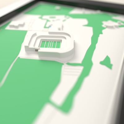 3D StoneX Stadium Map Framed - Close-up across the 3D map showing the StoneX Stadium stands and green pitch standing up from the streets
