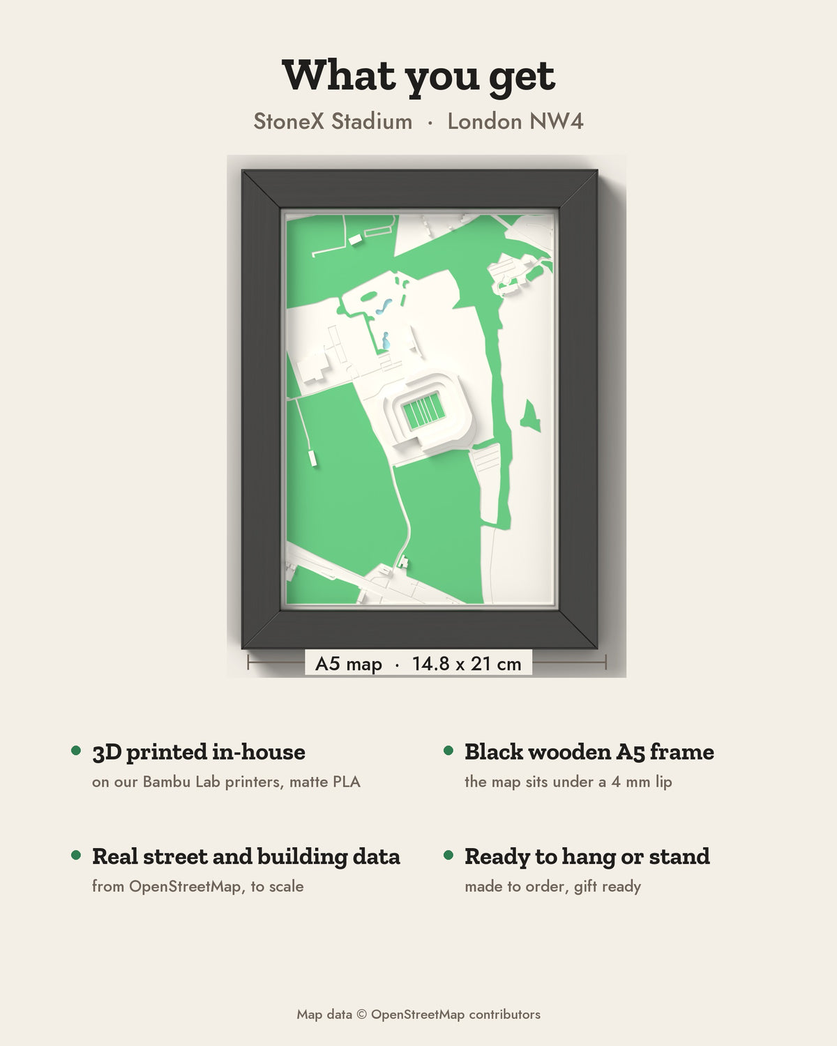 3D StoneX Stadium Map Framed - What you get: A5 3D stadium map, 14.8 x 21 cm, in a black wooden frame