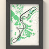 3D Suzuka Circuit Map Framed - 3D printed Suzuka Circuit map in a black wooden A5 frame, the track raised in dark grey