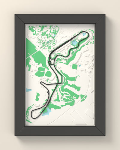 3D Suzuka Circuit Map Framed - 3D printed Suzuka Circuit map in a black wooden A5 frame, the track raised in dark grey