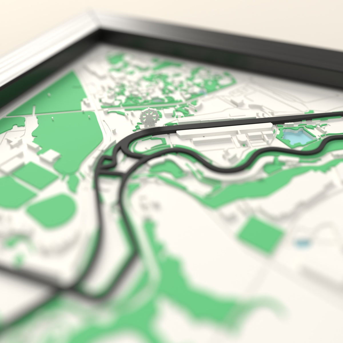 3D Suzuka Circuit Map Framed - Close-up across the 3D map: the Suzuka Circuit track standing up from the map