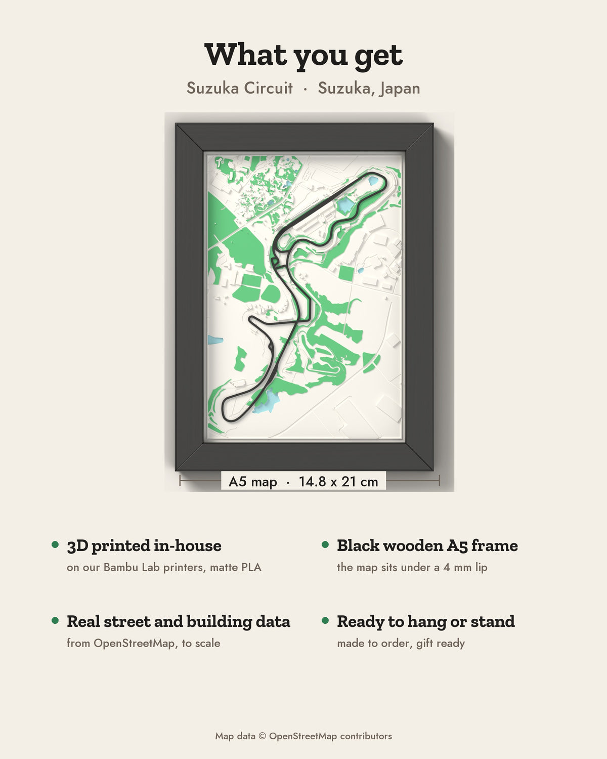 3D Suzuka Circuit Map Framed - What you get: A5 3D circuit map, 14.8 x 21 cm, in a black wooden frame