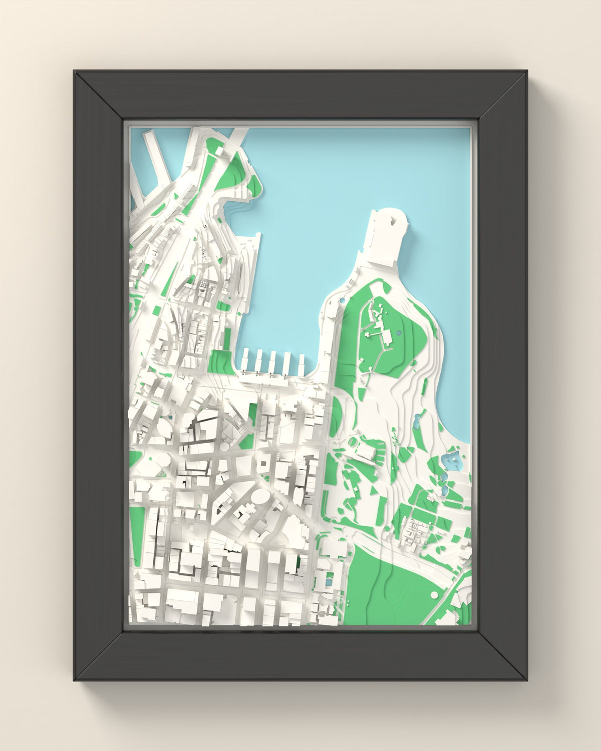 3D Sydney Map Framed - 3D printed Sydney map in a black wooden A5 frame, lit from the side