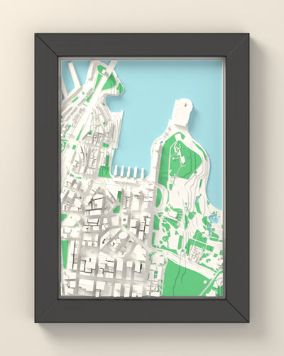 3D Sydney Map Framed - 3D printed Sydney map in a black wooden A5 frame, lit from the side