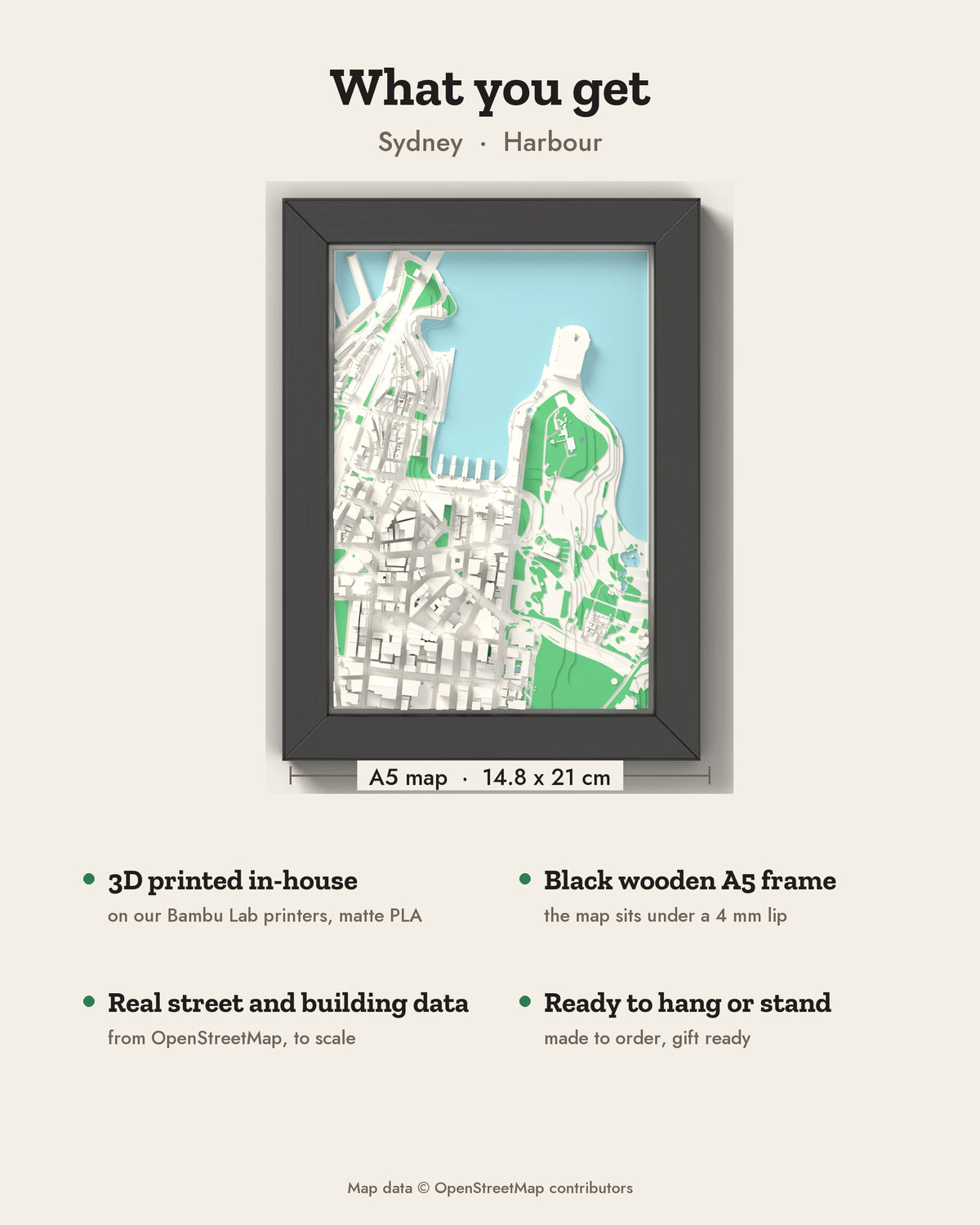 3D Sydney Map Framed - What you get: A5 3D city map, 14.8 x 21 cm, in a black wooden frame