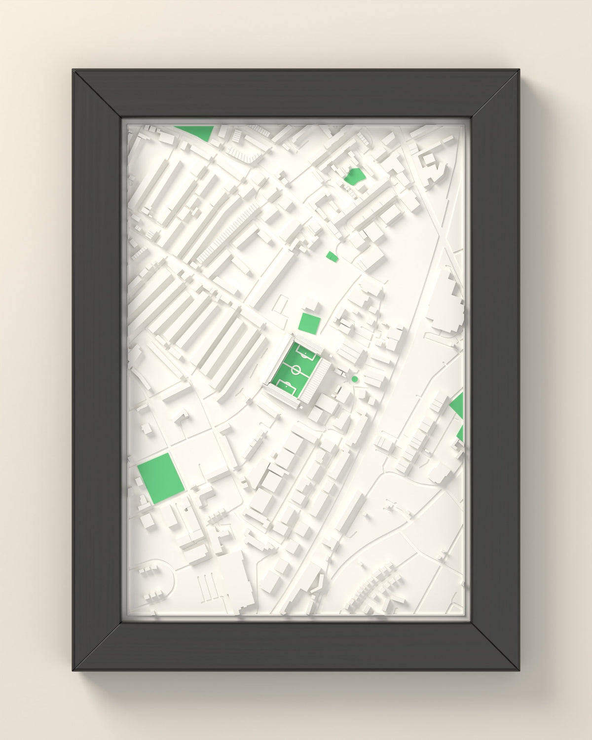 3D The Baseball Ground Map Framed - 3D printed The Baseball Ground lost ground map in a black wooden A5 frame, lit from the side