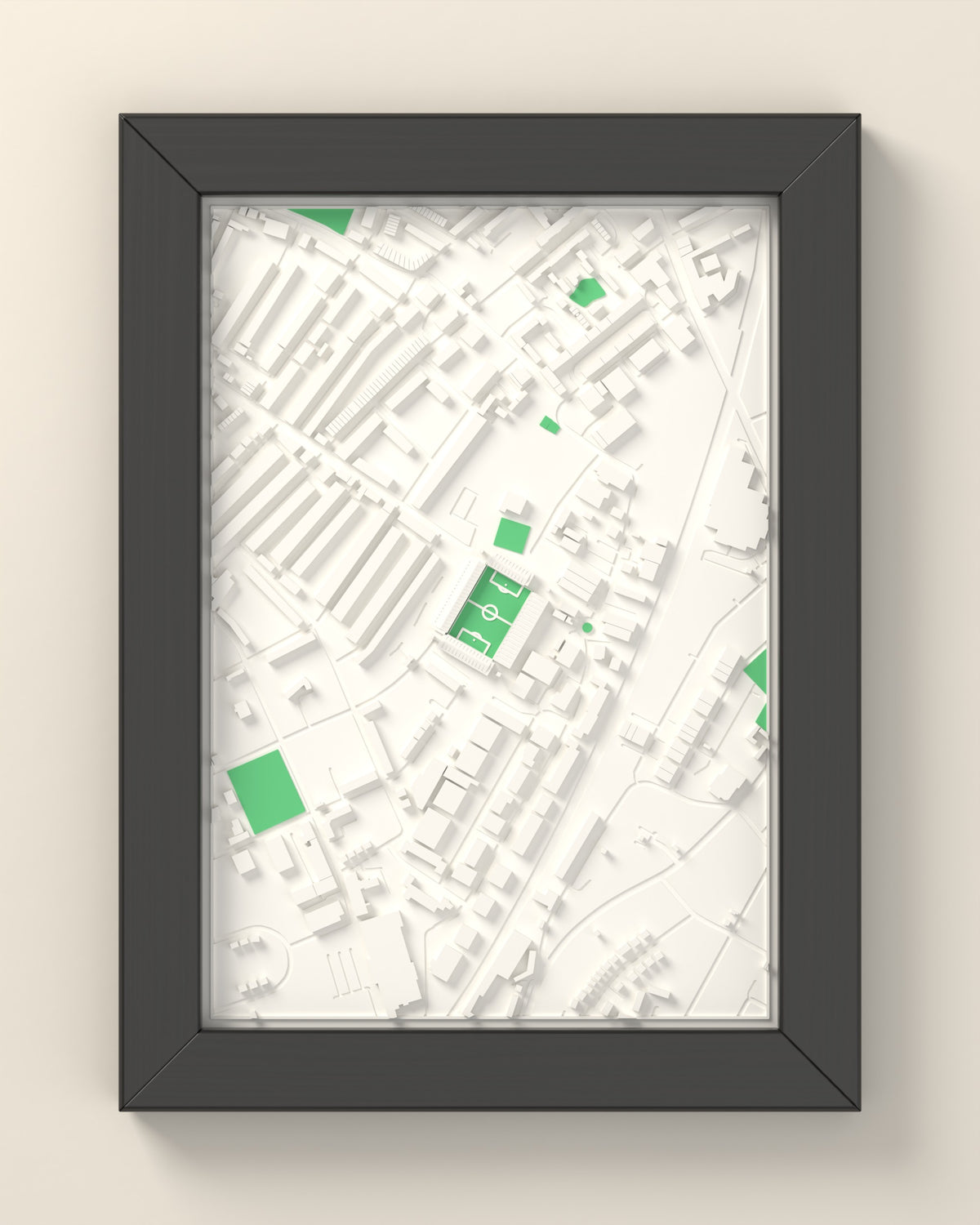 3D The Baseball Ground Map Framed - 3D printed The Baseball Ground lost ground map in a black wooden A5 frame, lit from the side
