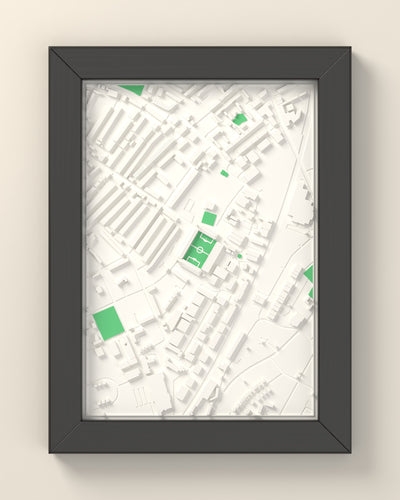 3D The Baseball Ground Map Framed - 3D printed The Baseball Ground lost ground map in a black wooden A5 frame, lit from the side