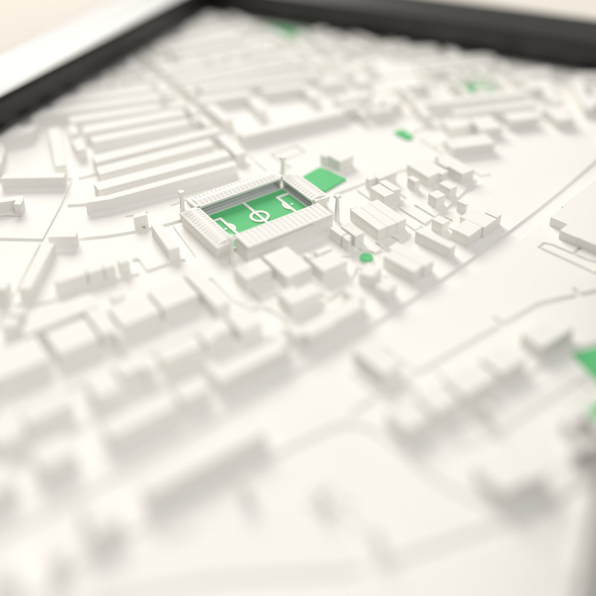 3D The Baseball Ground Map Framed - Close-up across the 3D map showing the old The Baseball Ground stands and green pitch standing up from the streets
