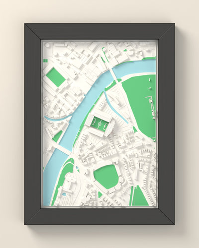 3D The City Ground Map Framed - 3D printed The City Ground map in a black wooden A5 frame, lit from the side