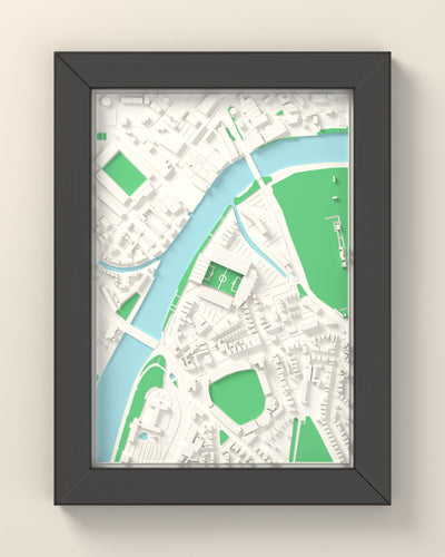 3D The City Ground Map Framed - 3D printed The City Ground map in a black wooden A5 frame, lit from the side
