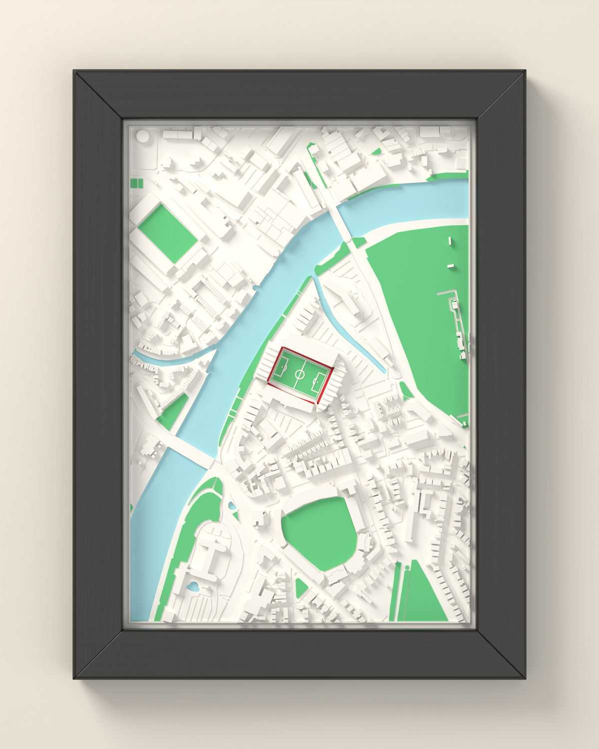 3D The City Ground Map Framed - 3D printed The City Ground map in a black wooden A5 frame, lit from the side