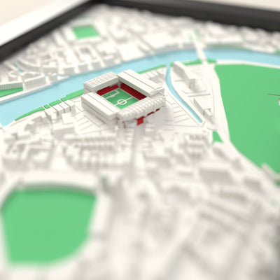 3D The City Ground Map Framed - Close-up across the 3D map showing the The City Ground stands and green pitch standing up from the streets