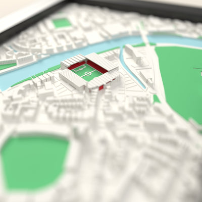 3D The City Ground Map Framed - Close-up across the 3D map: the real The City Ground stands with red seats around the green pitch
