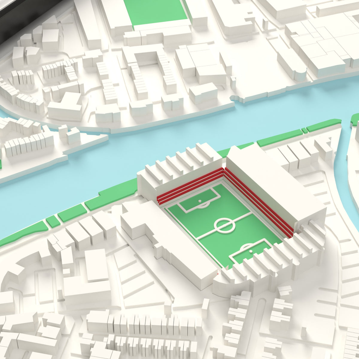 3D The City Ground Map Framed - Detail of the 3D printed The City Ground: every stand modelled from the real ground, seats in red